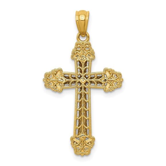 14k Two Tone Gold Ornate Cross Pendant, 17 x 31mm - Picture 3 of 5